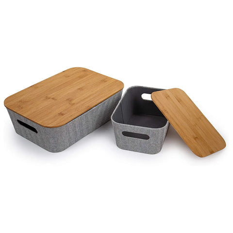 Storage Grey Bin with Bamboo Lid